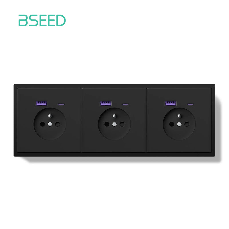 BSEED French Standard Wall Power Socket Electrical Outlets 20W USB Type-C Fast Charge Port Socket White Black Plastic Frame 16A