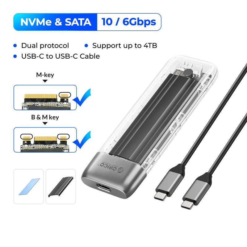 ORICO M.2 SSD Case NVME SATA SSD Enclosure Tool Free 10Gbps M.2 to USB Type C Transparent External Adapter Portable
