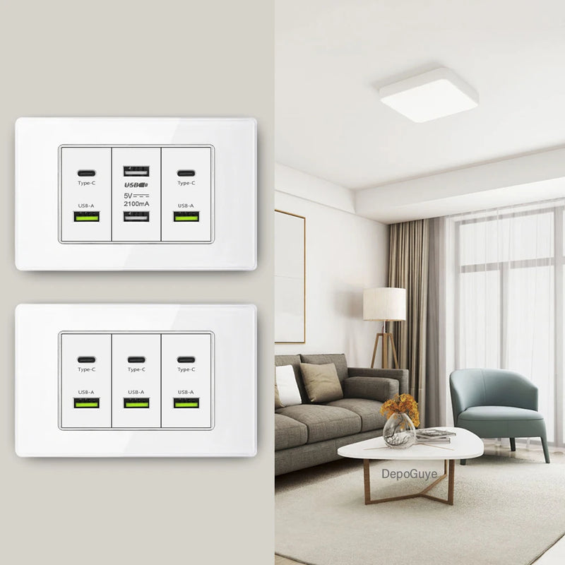 Type 118 White Black Grey Tempered Glass Wall Socket Panel 6 Charging port Triple USB Type C Wall Plug 3.1A 5V Outlet 118*75mm