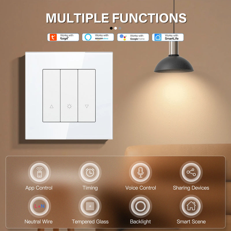 BSEED WIFI Dimmer Switch 1/2/3/4Gang Smart Click Button Switch Glass Panel White LED Indicator Tuya Smart Life Alexa Control