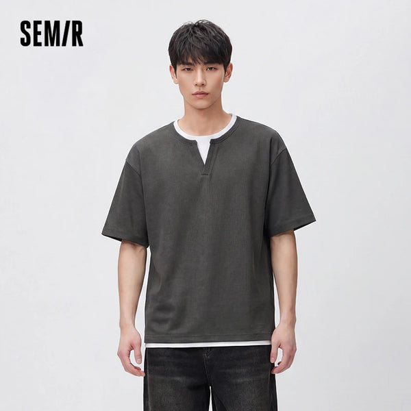 អាវយឺតបុរស Semir ដៃខ្លីក V ពណ៌ Waffle Knit រដូវស្លឹកឈើជ្រុះឆ្នាំ ២០២៦ អាវយឺតរលុងធម្មតាសម្រាប់រាល់ថ្ងៃ