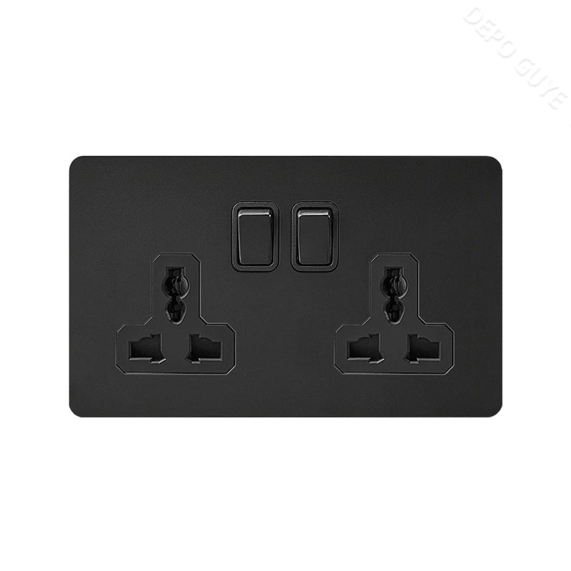 Black Retro Toggle Wall Light Switch Socket,Stainless Steel Universal UK Electrical Outlets with USB Type-C charging For Home