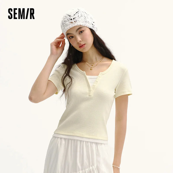 អាវយឺត Semir សម្រាប់នារី រាងខ្លី បែបស្រទន់ មើលទៅមានស្រទាប់ៗ ស្មាត្រង់ រដូវក្តៅ ឆ្នាំ២០២៦ ម៉ូដសាមញ្ញប្រចាំថ្ងៃ
