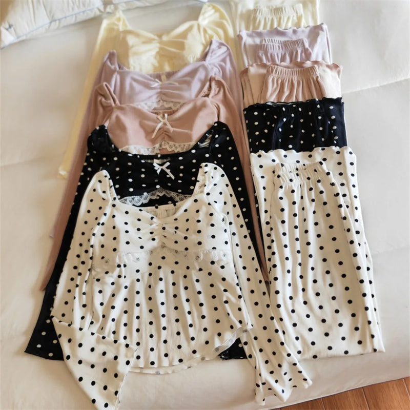 New Sleepwear Women's Spring/Autumn Chest Pad Pajama Long-Sleeved Top and Trousers Loungewear Set Nightwear for Woman Home Wear