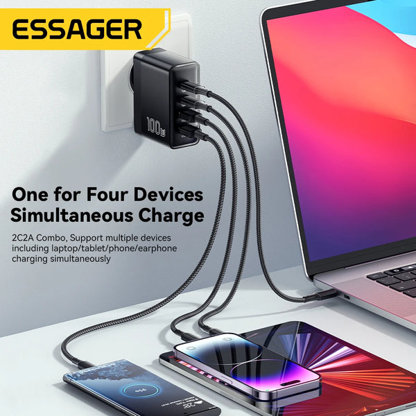 ឆ្នាំងសាក Essager 100W USB Type C ឆ្នាំងសាក 65W PD Quick Charge 4.0 3.0 Type-C សាកលឿនសម្រាប់ iPhone 16 15 14 13 Pro Xiaomi Macbook Laptop