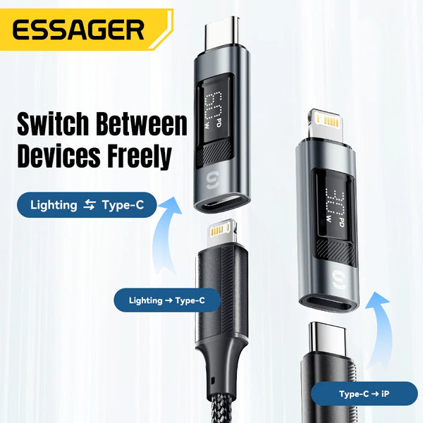 ឧបករណ៍ភ្ជាប់ Essager Type C ទៅ Lighting OTG អេក្រង់ឌីជីថល PD 60W សាកថ្មលឿន Lighting ទៅ Type C សម្រាប់ iPhone 15 14 13 12