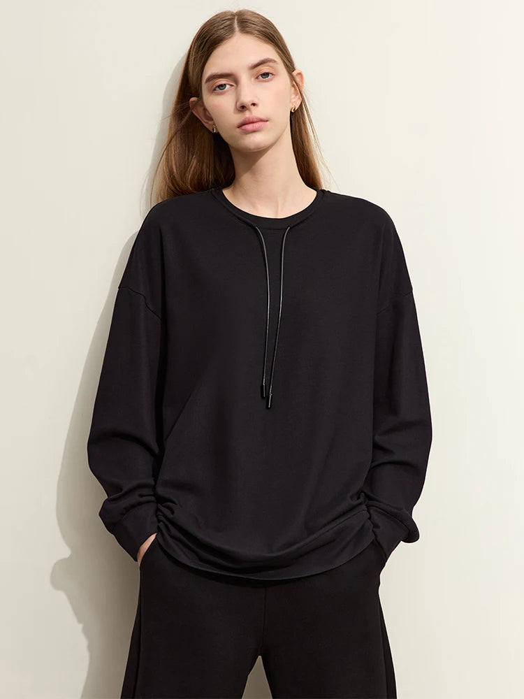 អាវក្រៅ AMII បែប Minimalist Sporty សម្រាប់ស្ត្រី រដូវស្លឹកឈើជ្រុះឆ្នាំ ២០២៤ អាវថ្មីរលុង អាវយឺតកមូលទាន់សម័យ 12421006