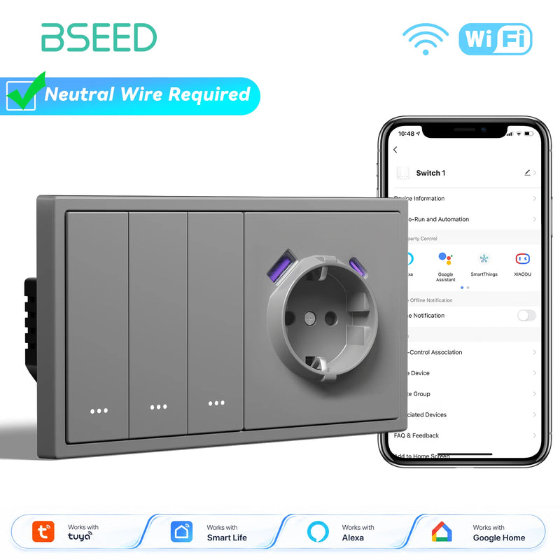 BSEED E Series 1/2/3/4Gang 2Way WIFI Light Switch Smart Click Button Switch Plastic With EU Power Socket Tuya Smart Life Control