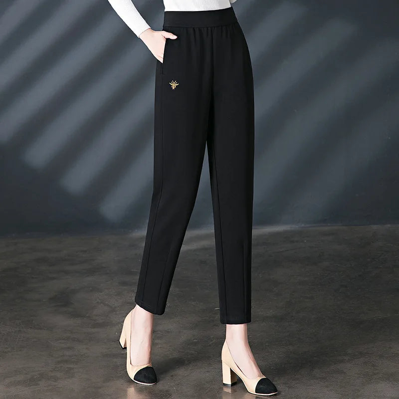 Women's Red High-waisted Harem Pants, Black Elastic Waist Casual Pant, Beige Girls' Embroidered Stretch Trousers. Asian Sizes