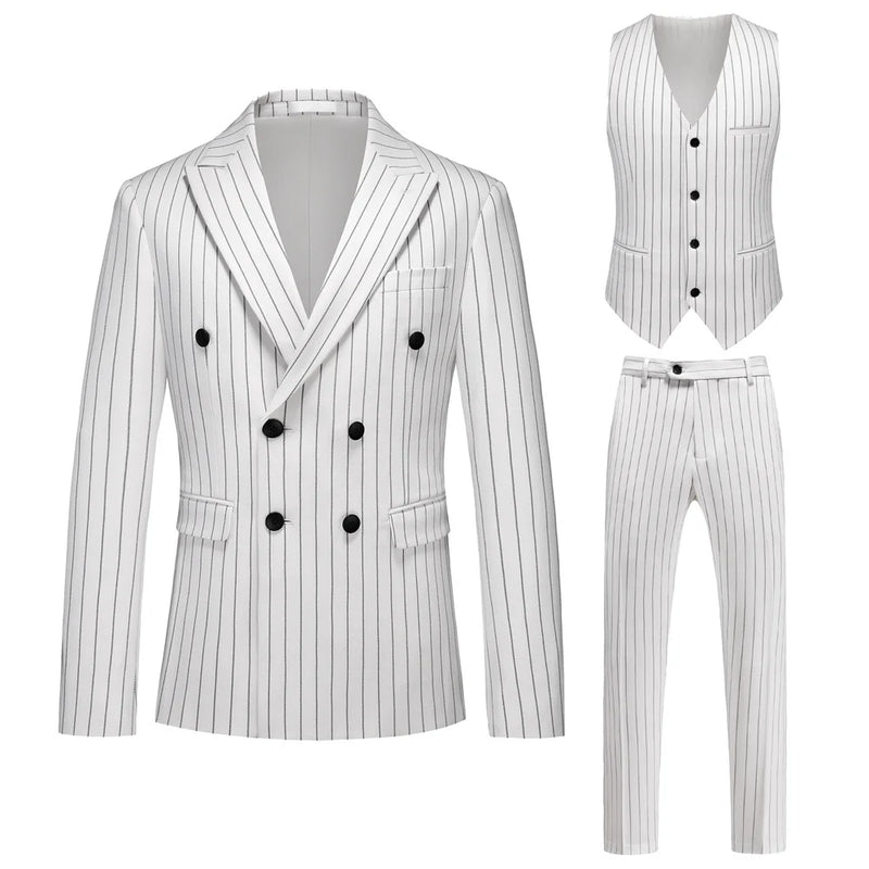 Men's Black-White Striped Plaid Suit 3-Piece, Wedding Party Dress Jacket and Vest with Trousers, Asian Sizes Red Slim Fit Sets.