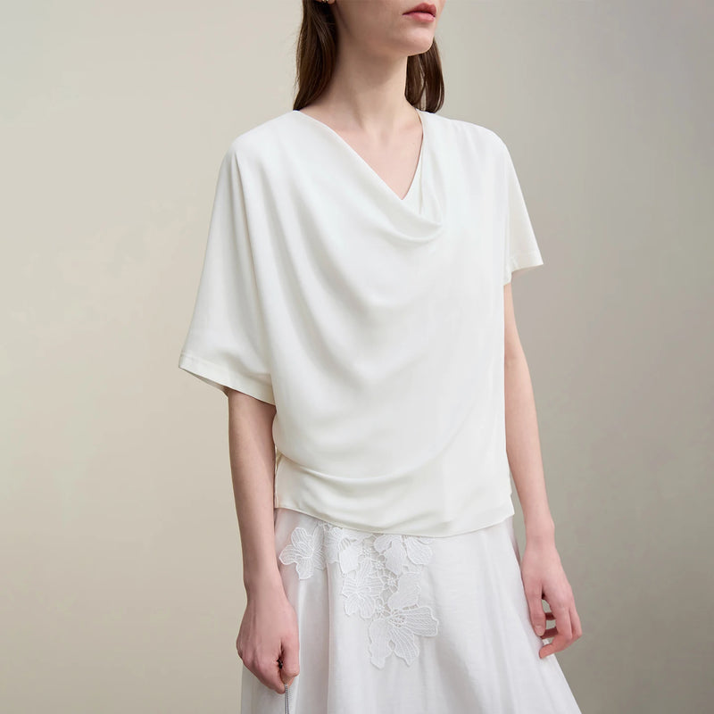 Amii Cowl Neck Women's T-Shirt 2026 Summer New Chiffon Patch Stretch Tee Loose Asymmetric Short Sleeve Top For Women 12622057