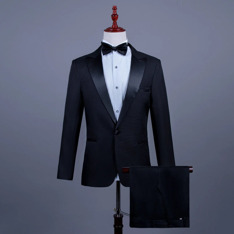 Men's Black Tuxedo Set with Diamond Embellished Jacket and Matching Trousers in White for Choirs/Stage Performances/Weddings
