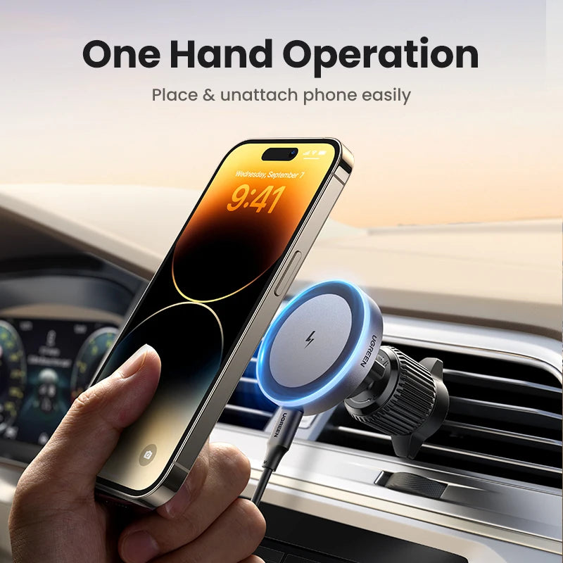 UGREEN 15W Magnetic Car Phone Holder Wireless Charger Stand For iPhone 16 17 Pro Max Charging for Magsafe Car Charger LED Light