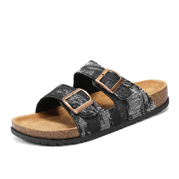 2026 New Black Denim Cork Sandals Double Buckle Adjustable Flat Slides Comfortable Arch Support Casual Slippers for Women Men
