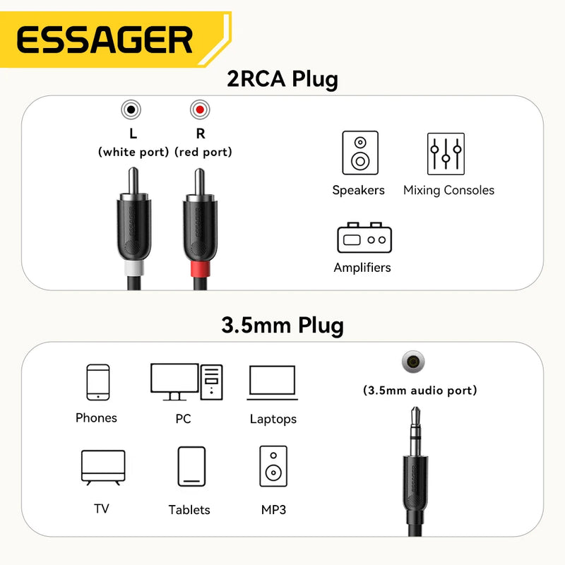 Essager RCA Cable 3.5mm to 2RCA AUX Audio Cable Splitter for Smartphone TV PC Speaker Amplifier Home Theater RCA AUX Audio Cable