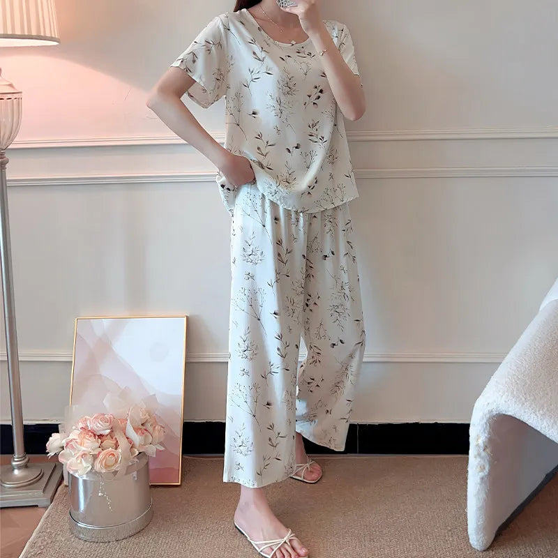 Comfort for Homewear Floral Pajamas 2 Pieces Set for Woman Casual Summer New Short Sleeve Sleepwear Women's Loungewear Suit