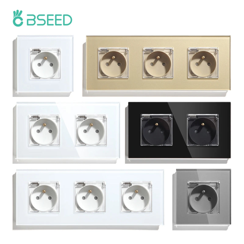 BSEED FR Standard Single Socket With Waterproof Cover Double Wall  French Outlets Triple Power Plugs 16A Glass Panel 110-250V