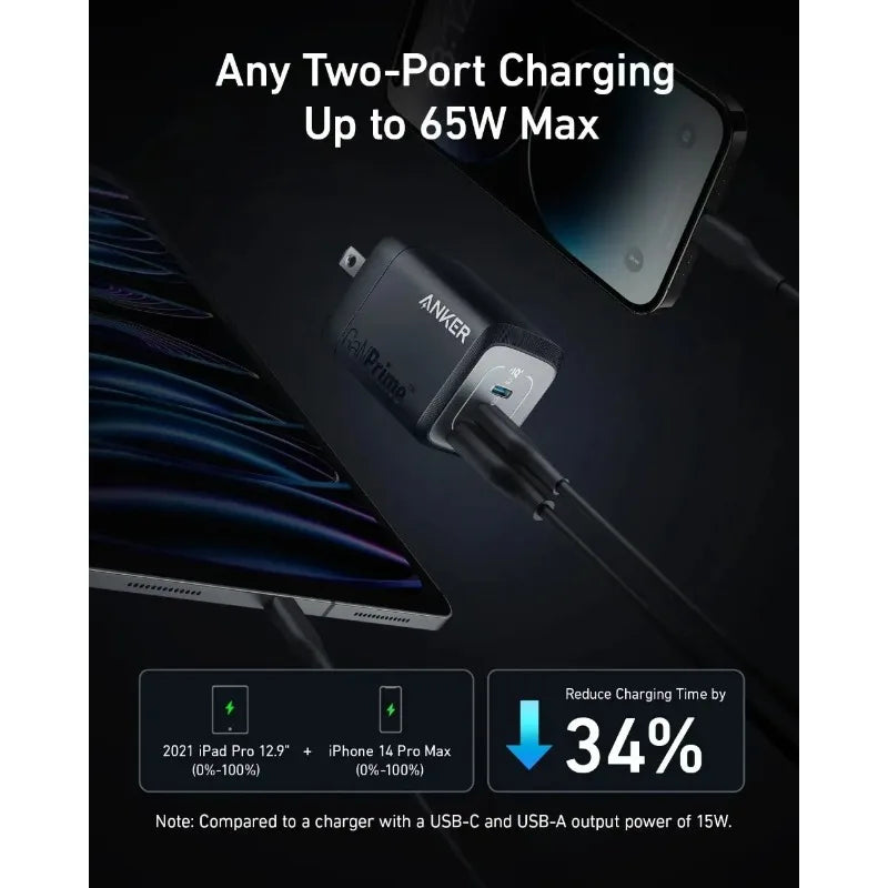 ឆ្នាំងសាក Anker Prime 67W GaN MultiPort USB-C PD Fast Charger ដុំសាកបត់បាន ទំហំតូច A2669 សម្រាប់ MacBook Laptop IPhone Samsung