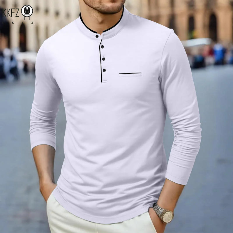 Men's Korean Style Business Casual Long Sleeve T-Shirt Three Button Stand-up Collar Comfortable Versatile Top for Men