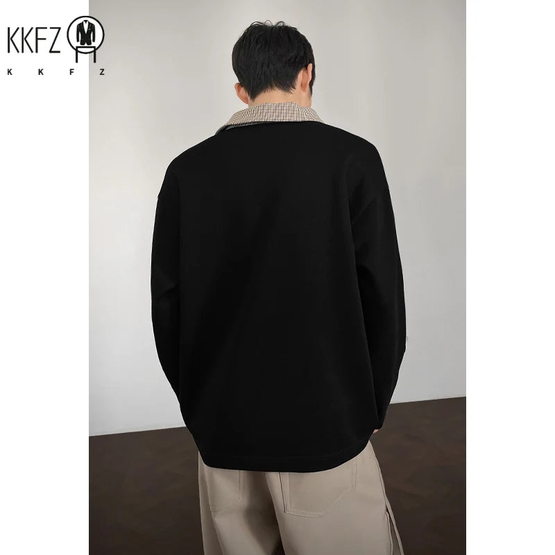 Male Loose Fit Knit Long Sleeve Polo Top Contrast Plaid Collar Airy Fabric For Office Commute And Leisure Occasions