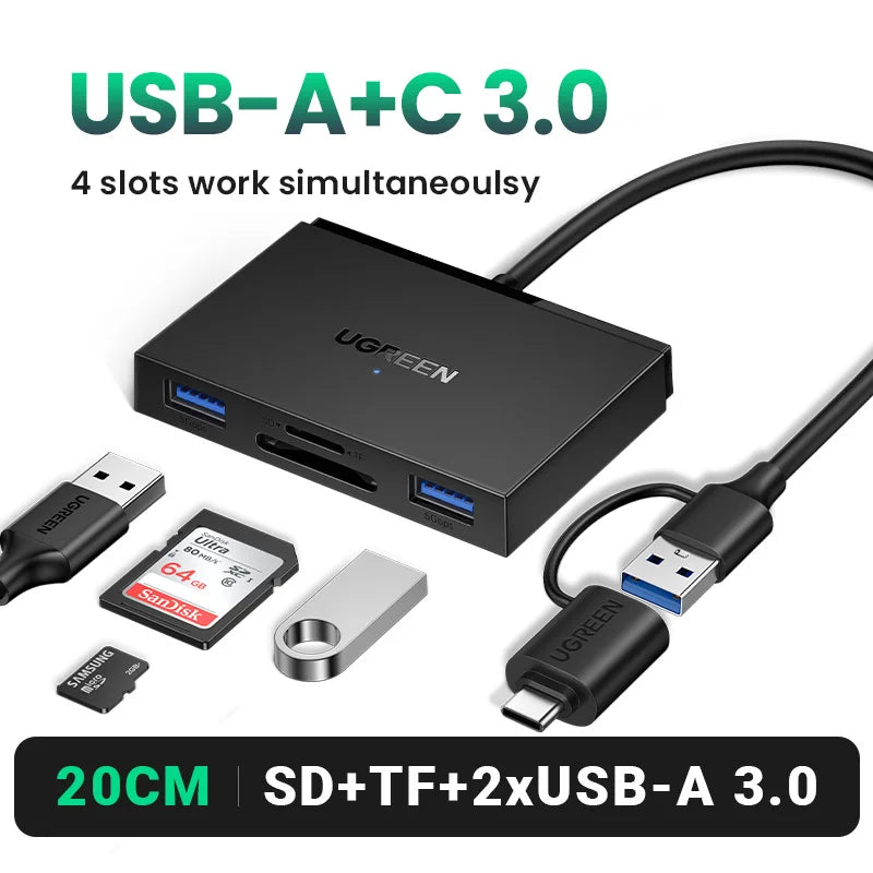 UGREEN Card Reader 2-in-1 USB3.0 USB-C OTG to SD Micro SD TF Card for Laptop PC Windows Linux Cardreader Memory Card Adapter