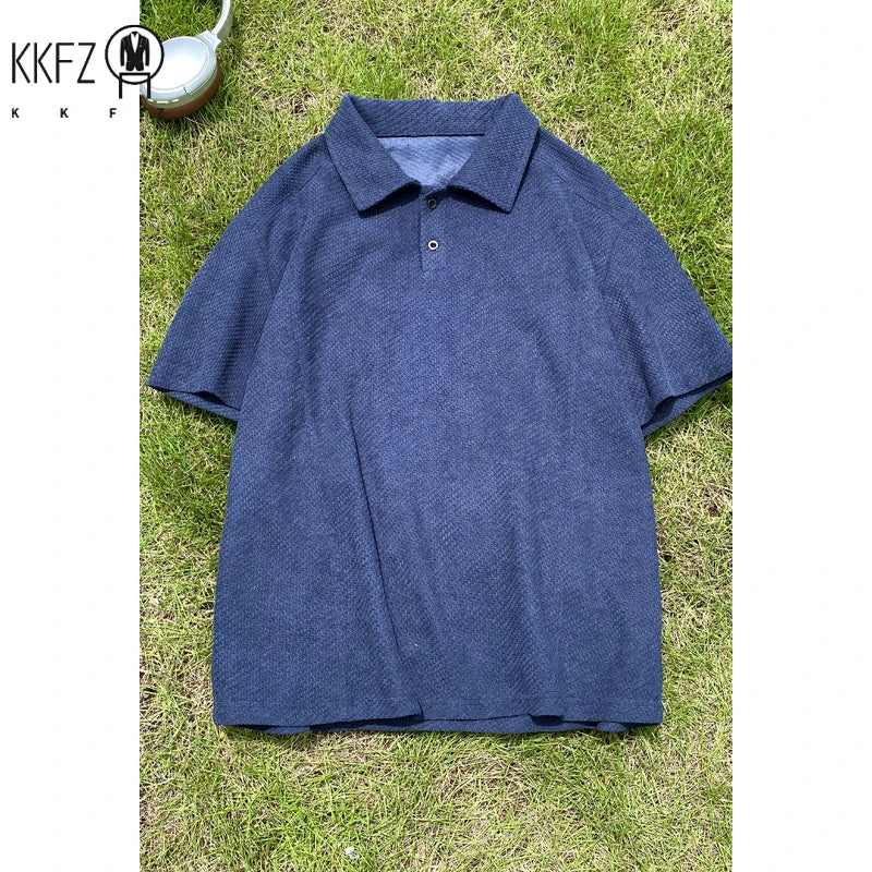 Men Waffle Knit Polo Short Sleeve Shirt Lapel Collar Partial Button Placket Oversized Silhouette For Summer Daily Street Wear