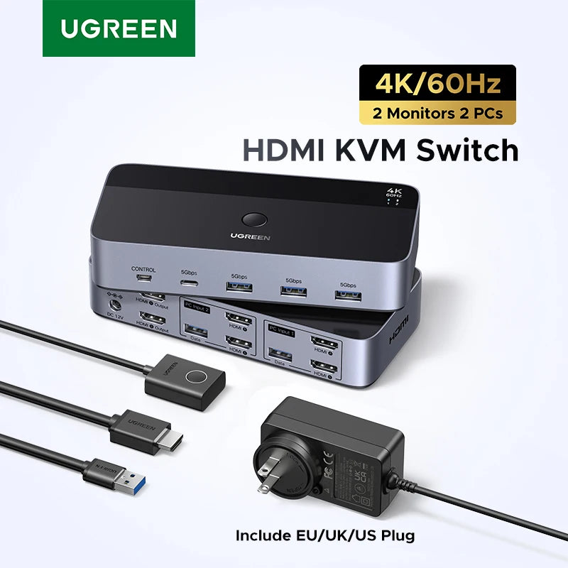UGREEN HDMI KVM Switch 2 in 1 Out 8K 60Hz USB C Display Sharing for Monitor Keyboard Mouse USB 3.0 HDR Support