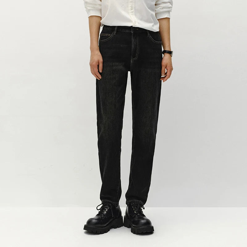 Semir Men Jeans Fleece Lined Stretch Skinny Fit Whisker Wash 2026 Vintage Commuter Warm Slim Urban Casual Denim Trousers