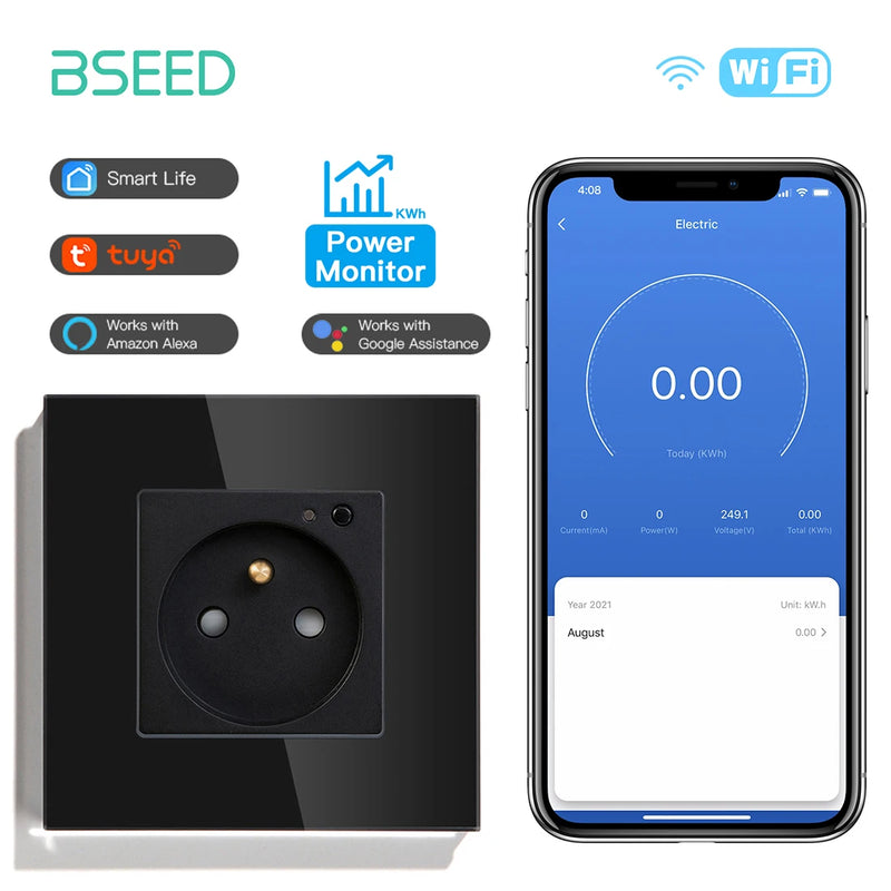 BSEED French Standard Electrical Wifi Smart Socket French Type Power Monitor Timing Function Tuya Alexa Wireless Control 16A