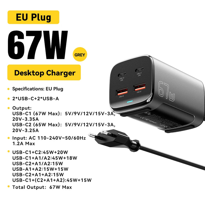 ឆ្នាំងសាក Essager 67W USB C GaN សម្រាប់កុំព្យូទ័រលើតុ Quick Charge3.0 PPS PD3.1 សាកថ្មលឿនសម្រាប់ MacBook Samsung iPhone 17 16 15 14 iPad Laptop