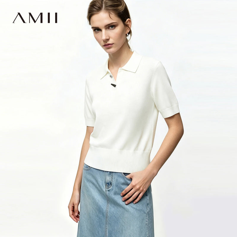 Amii Women's Knit Top 2026 Summer New Polo Neck Short Sleeve Sweater Metal Button Office Casual Versatile Pullover 12642077