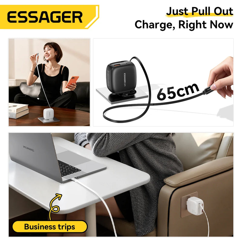ឆ្នាំងសាក Essager 65W GaN Pro ជាមួយខ្សែប្រភេទ C ដែលអាចដកថយបាន 3 ក្នុង 1 ឆ្នាំងសាកធ្វើដំណើរលឿនសម្រាប់ iPhone 17 16 Pro Samsung Laptop Macbook