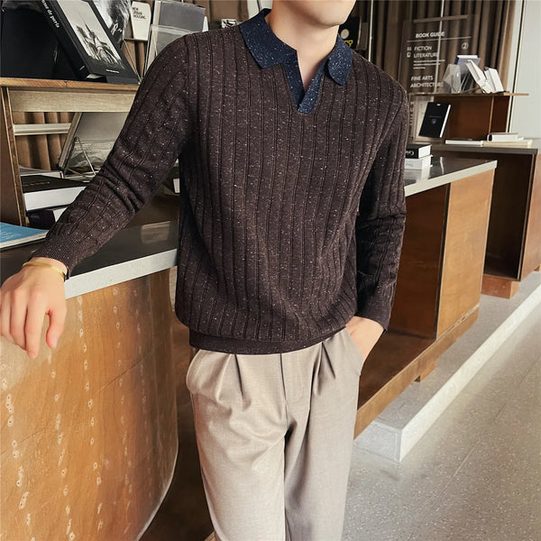 New Winter Collection of Men's Long-sleeve Pullovers: Stylish, Slim-fit Crew-neck Sweaters with Vertical Stripes for Warmth.