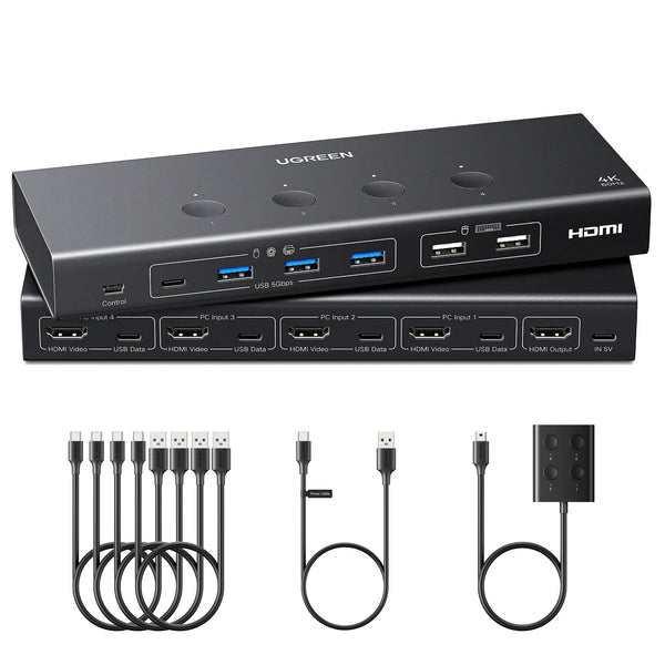 UGREEN HDMI KVM Switch 4 in 1 Out 4K@60Hz Switch with Remote Control USB 3.0 5Gbps Ultra-fast Transfer Monitor Keyboard Mouse