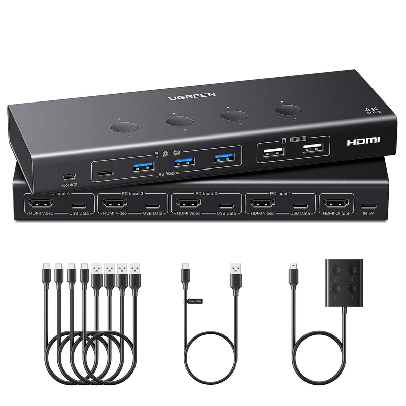 UGREEN HDMI KVM Switch 4 in 1 Out 4K@60Hz Switch with Remote Control USB 3.0 5Gbps Ultra-fast Transfer Monitor Keyboard Mouse
