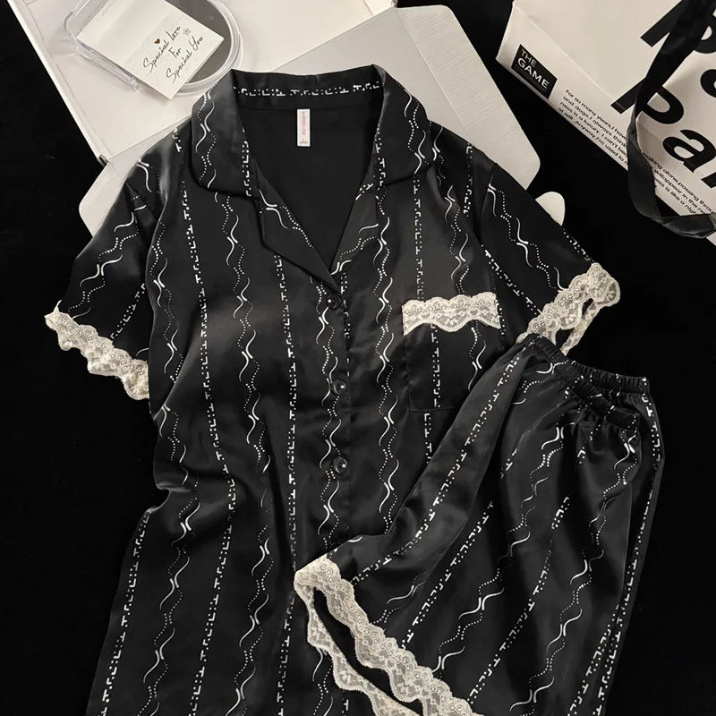 2 Piece Pajamas Set for Women Summer Chest Pads Loungewear Elegant Short Sleeve Button Lapel Collar Top New Women's Sleepwear