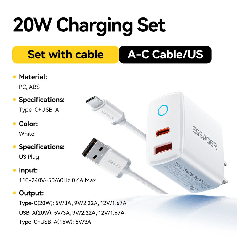 ឧបករណ៍សាកថ្មលឿន Essager PD 20W USB Type C សាកលឿន 4.0 3.0 QC PD សម្រាប់ iPhone 17 16 15 14 13 12 Pro Max ឆ្នាំងសាកទូរស័ព្ទ