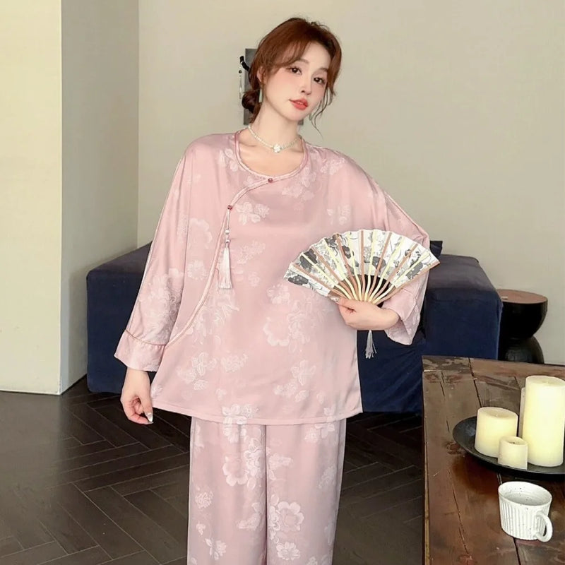 Silk Pajamas Set Night Wear Female Sleeping Wear for Woman Sleepwear Pyjamas Floral Spring Autumn Long Sleeve Pajamas for Lady