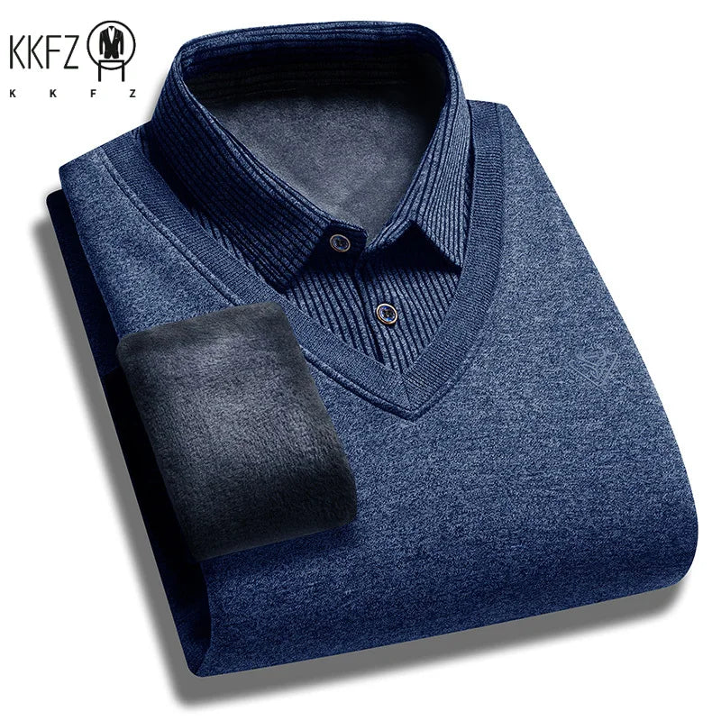 Cold Weather Mens Fake Waistcoat Sweater Soft Fleece Lining Vertical Striped Long Sleeve Collared Knit Workplace Inner Shirt