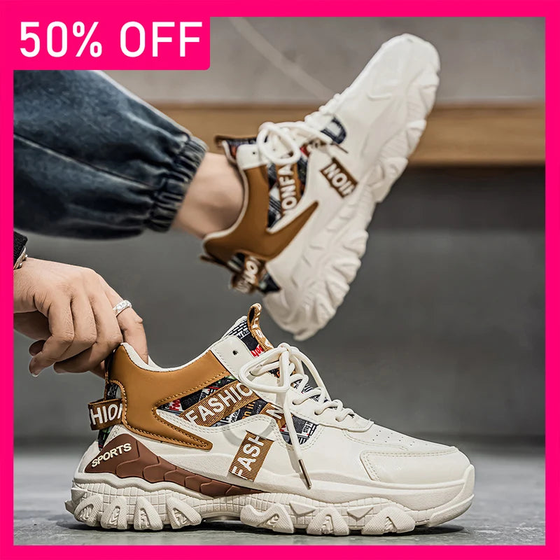 Men Sports Shoes High-quality Leather Wear-resistant Comfort Breathable Lace Up Running Shoes 2026 New Thick Soled Fitness Shoes