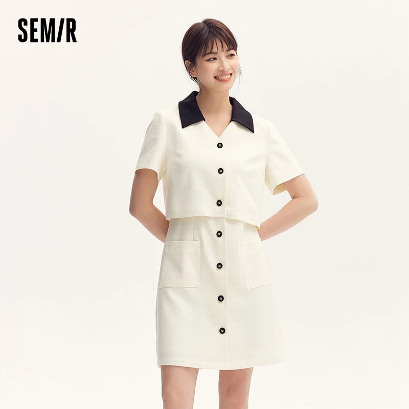Semir Women Dress Textured 2026 Faux Two Piece Color Block Lapel Collar Urban Casual Everyday Style Soft Comfortable
