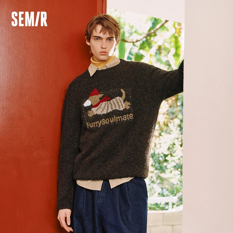 Semir Knitted Sweater Men Winter Cute Pet Jacquard Knitwear 2025 New American Retro Trendy Loose Pullover Sweater Men'S Wear