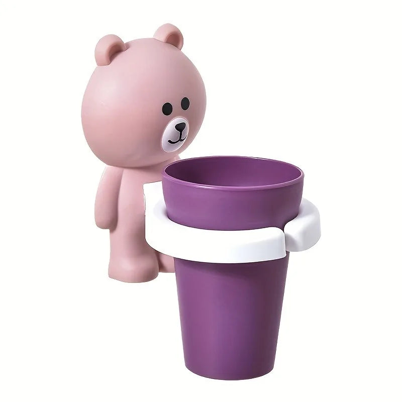 1pc Adorable Bear Wall-Mounted Toothbrush Holder with Gargle Cup,No Drill,Space-Saving,Bathroom Organizer.Tooth cup holder.