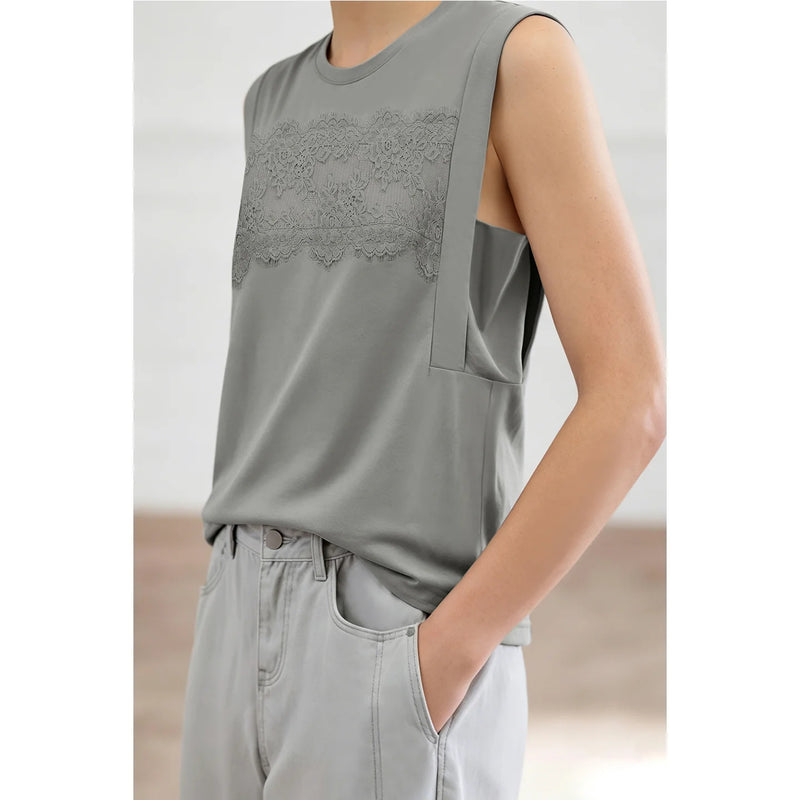 Amii Women's Top 2026 Summer New Round Neck Lace Trim 100% Cotton Tank Tee Loose Casual Sleeveless T-Shirt For Women 12622139