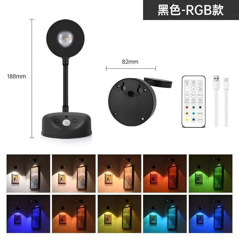ចង្កៀងជញ្ជាំង LED ក្នុងផ្ទះឆ្លាតវៃដែលអាចសាកបាន ពន្លឺភ្លើងពិល LED ពីចម្ងាយឥតខ្សែ ភ្លើងរូបភាព RGB សមរម្យសម្រាប់បន្ទប់សិក្សា
