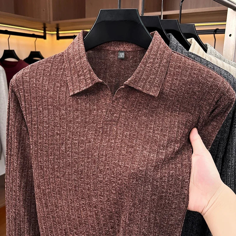 Men Casual Office Knit Polo Long Sleeve V Notch Collar Vertical Rib Texture Loose Comfort Pullover Shirt