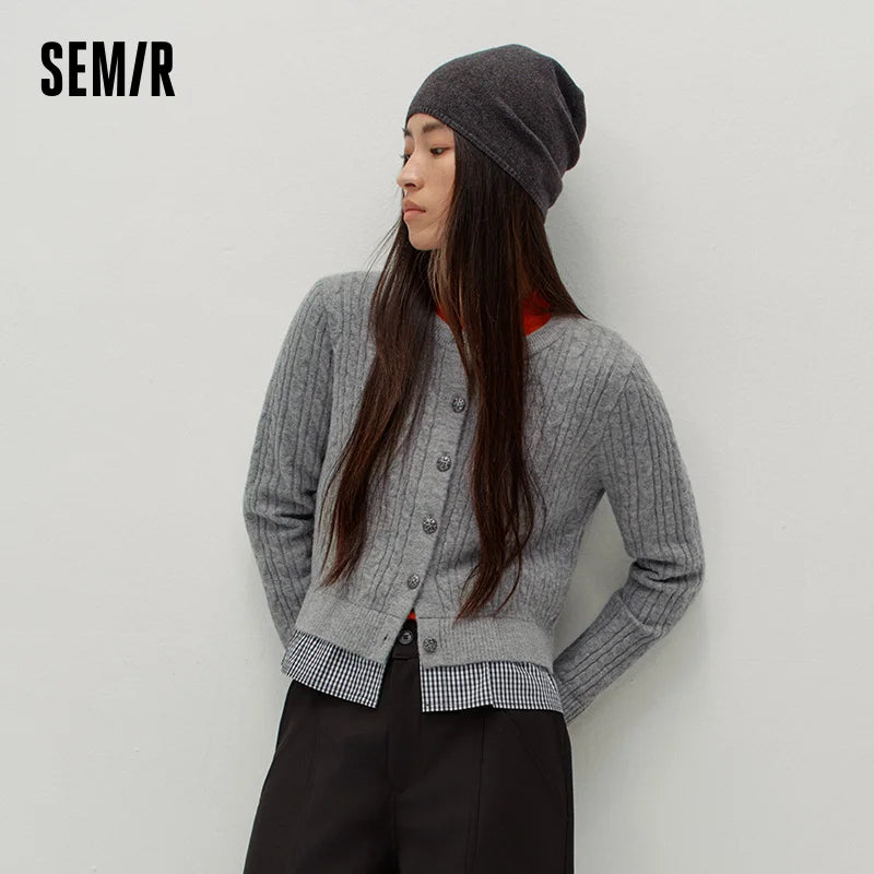 Semir Women Cardigan Cropped Knit Mock Two Piece Cable Plaid Vintage Winter Fashion Sweater Layered Style Outfit 2026