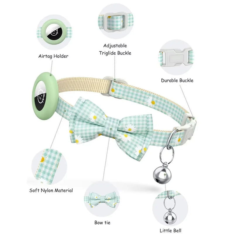 Breakaway Cat AirTag Holder Checkered Printed BowvCollar Adjustable Kitten Cat Collar with Bell Pet Air Tag Case