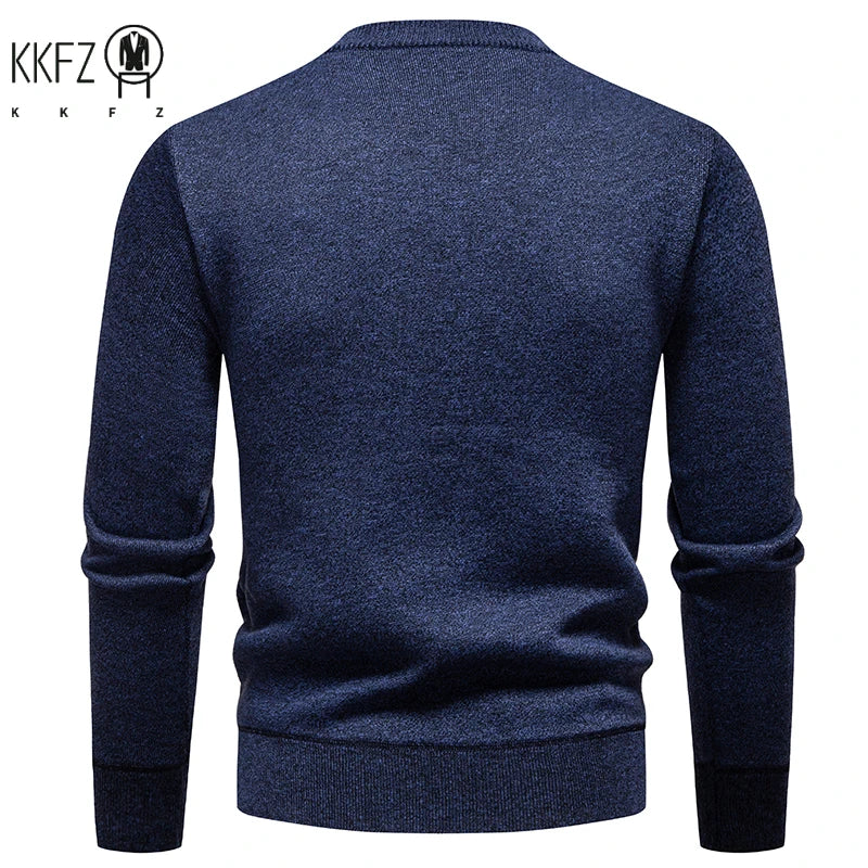Diagonal Grid Pattern Male Knitted Top Fleece Lined Crew Neck Business Casual Long Sleeve Cold Season Knit Jumper