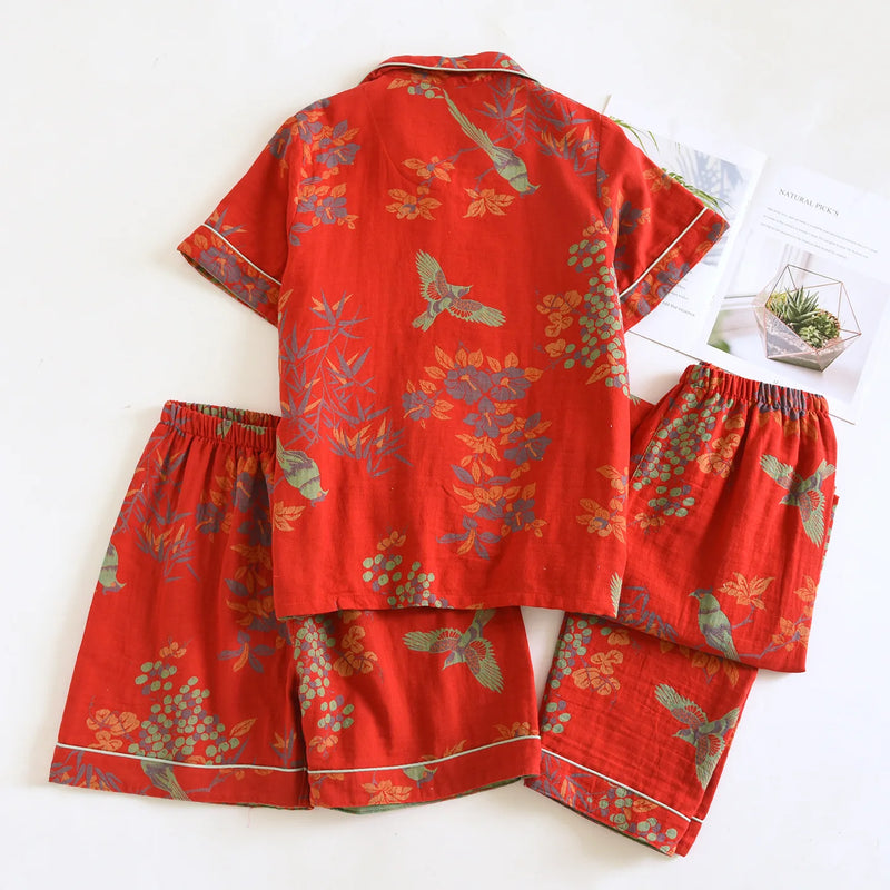 Summer Wear Female Clothing Lapel Short Sleeve Sleepwear New 3PCS Pajamas for Woman Nightwear Floral Print Homewear Pyjama Set